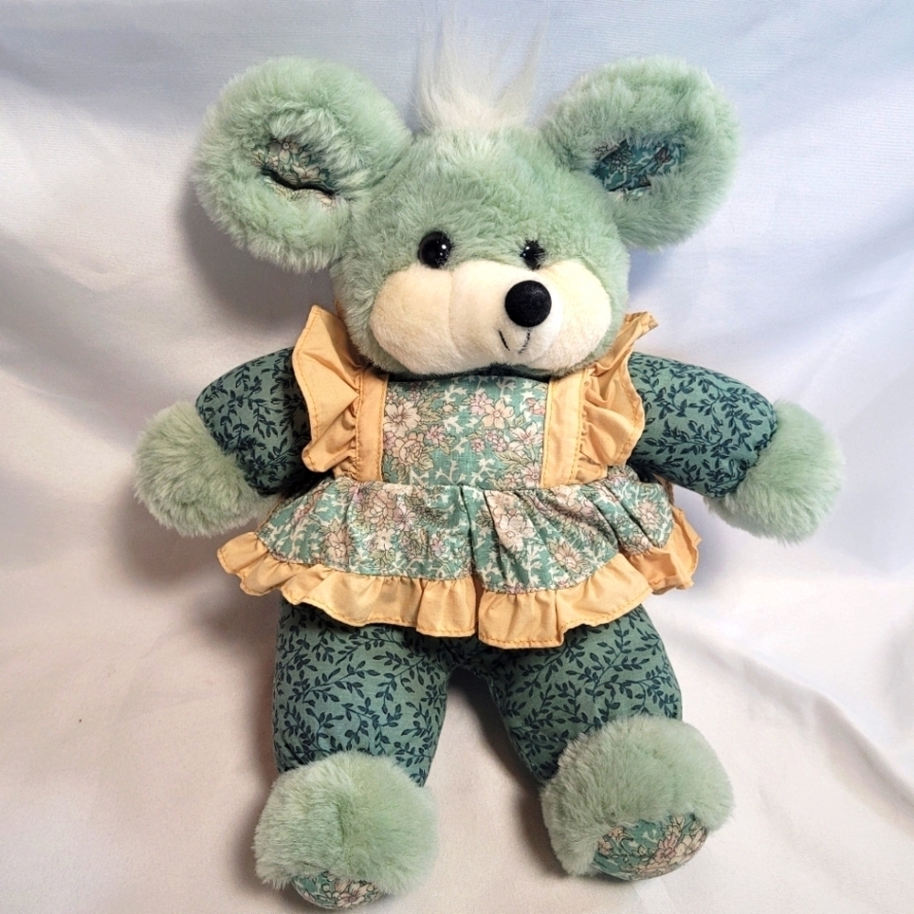 VTG TB Trading Co Light Green Mixed Floral Plush Mouse w/ Dress 15"